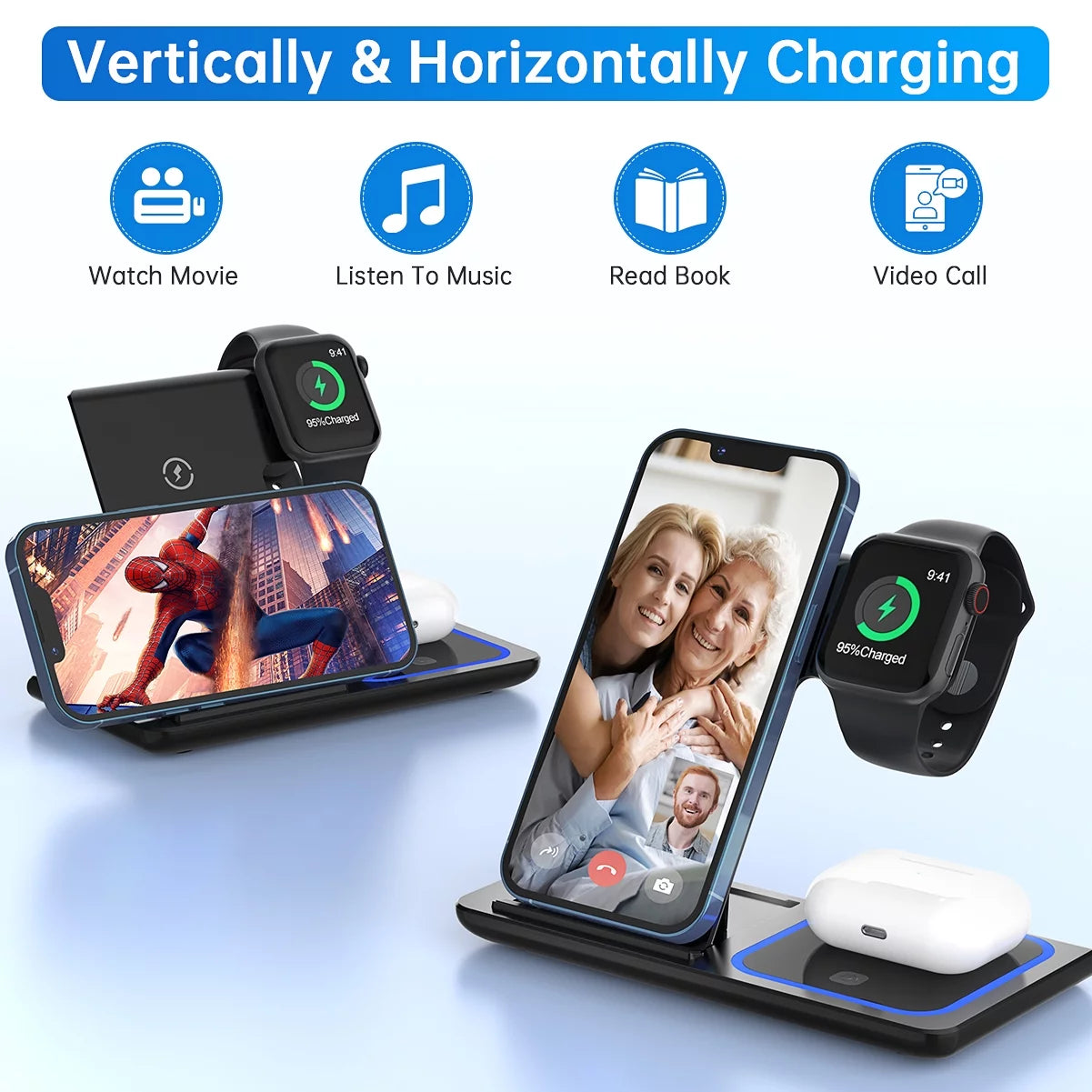 18W Fast Wireless Charging Station for iPhone 16/15/14/13/12/11/Pro Max/Plus, 3-in-1 Charger for Apple Watch Series SE 10/9/8/7/6/5/4/3 and AirPods Pro/3/2 (Includes QC3.0 Adapter)