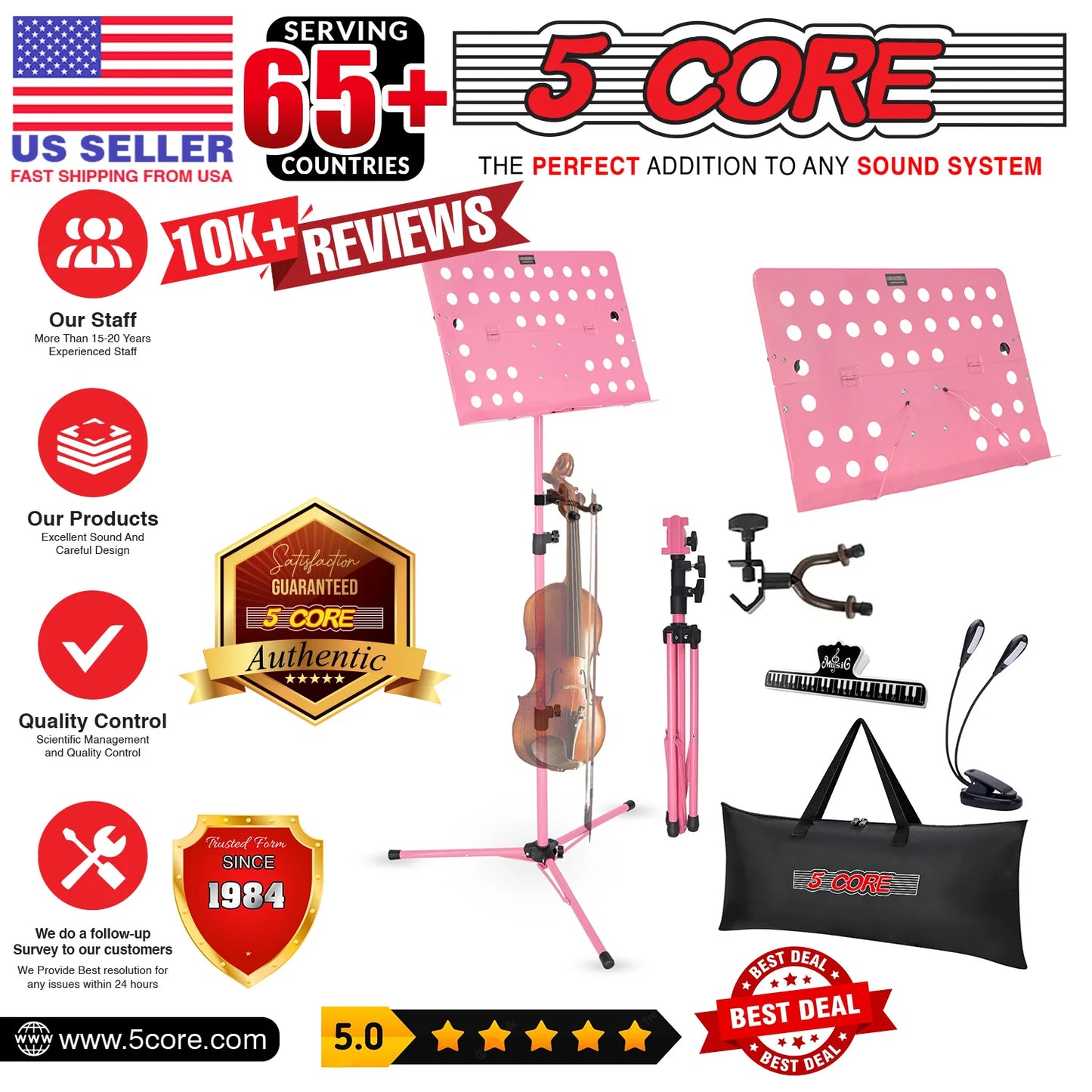 5Core Adjustable Portable Music Stand for Sheet Music - Pink Tripod Folding Note Holder