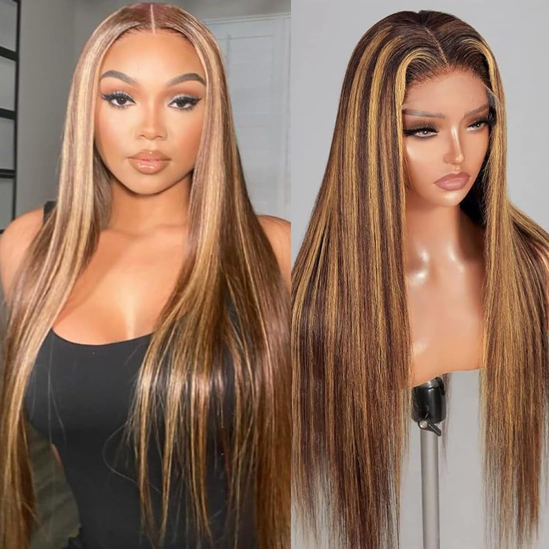 30-Inch Honey Blonde Ombre Lace Front Wig - 180% Density, 13x4 Highlight Lace Frontal, Pre-Plucked Human Hair, Straight HD Lace Wig with Baby Hair for Women