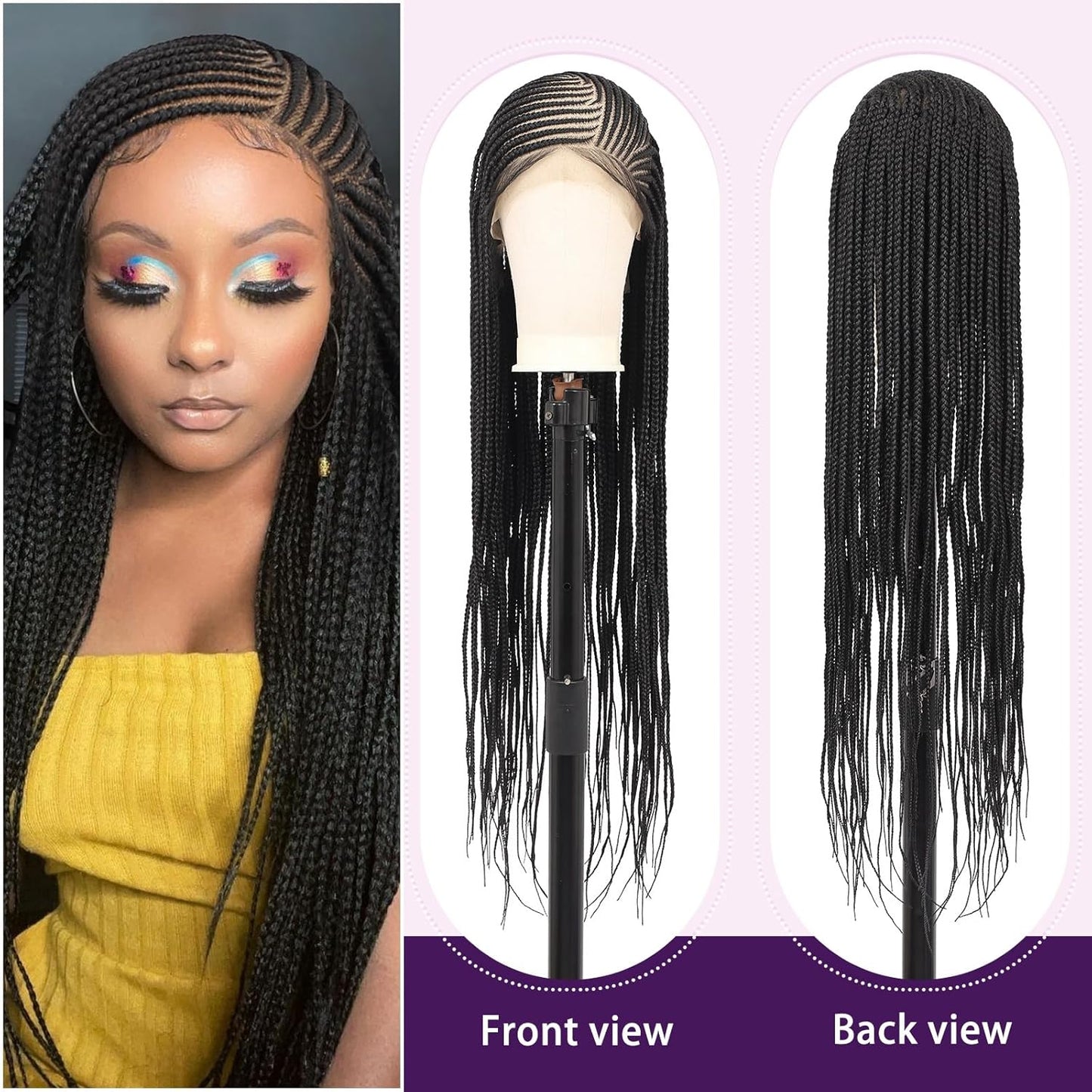 13X8 HD Lace Front Cornrow Braided Wig - Leomonde 36-Inch Long Black Box Braid Wig with Baby Hair for Women