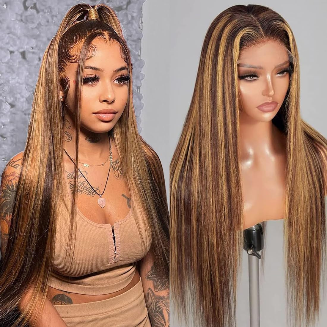 30-Inch Honey Blonde Ombre Lace Front Wig - 180% Density, 13x4 Highlight Lace Frontal, Pre-Plucked Human Hair, Straight HD Lace Wig with Baby Hair for Women