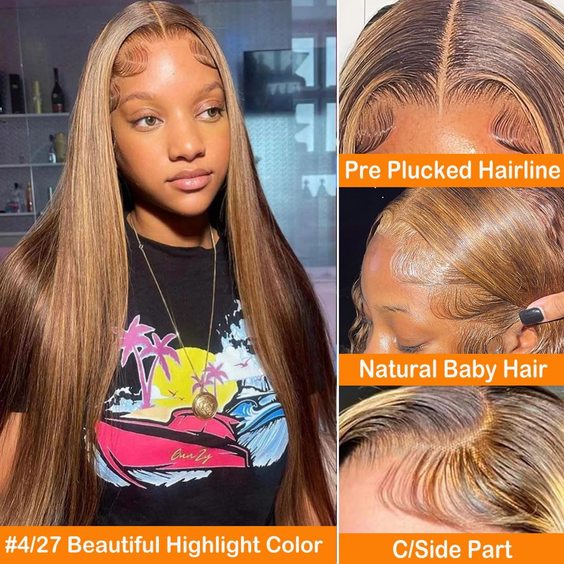 30-Inch Honey Blonde Ombre Lace Front Wig - 180% Density, 13x4 Highlight Lace Frontal, Pre-Plucked Human Hair, Straight HD Lace Wig with Baby Hair for Women