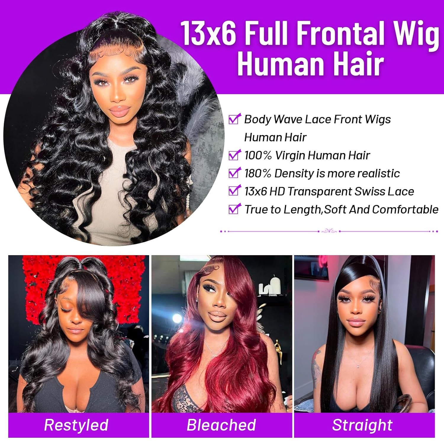 30-Inch 13X6 Body Wave Lace Front Wig - Pre-Plucked Brazilian Human Hair with Baby Hairs, 180% Density, Natural Black Color