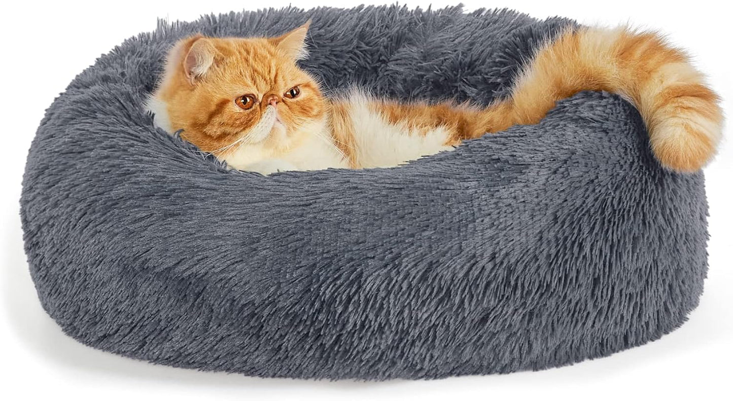 Bedsure Calming Donut Dog Bed for Medium Dogs - 30-Inch Washable Plush Faux Fur Cat Bed with Anti-Slip Round Design, Suitable for Pets Up to 45 lbs, Camel Color