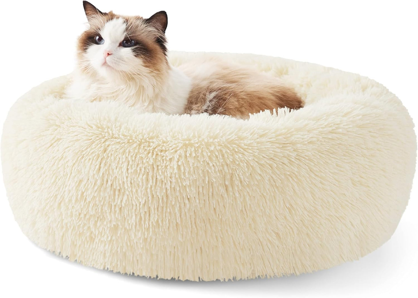 Bedsure Calming Donut Dog Bed for Medium Dogs - 30-Inch Washable Plush Faux Fur Cat Bed with Anti-Slip Round Design, Suitable for Pets Up to 45 lbs, Camel Color