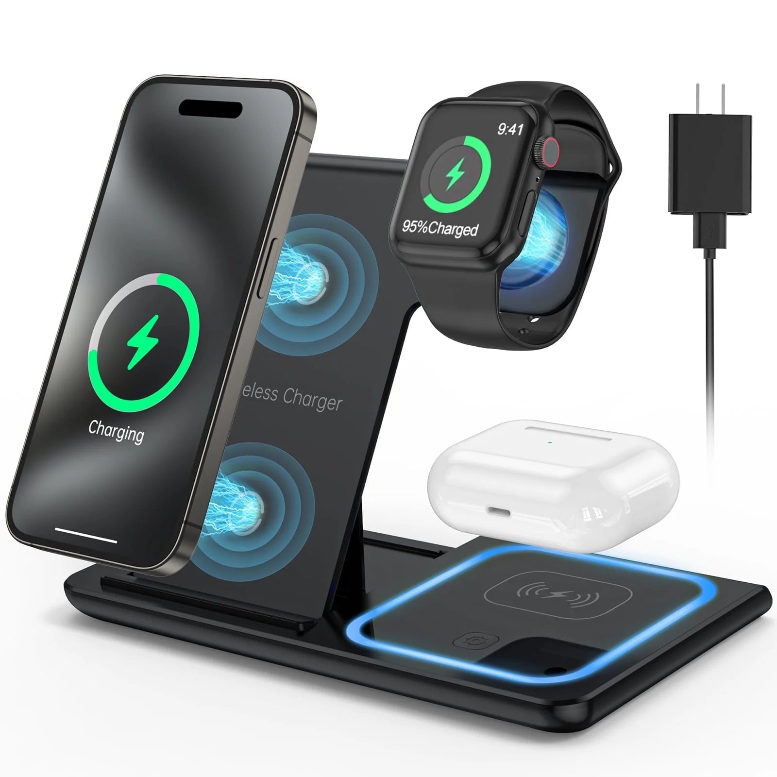 18W Fast Wireless Charging Station for iPhone 16/15/14/13/12/11/Pro Max/Plus, 3-in-1 Charger for Apple Watch Series SE 10/9/8/7/6/5/4/3 and AirPods Pro/3/2 (Includes QC3.0 Adapter)