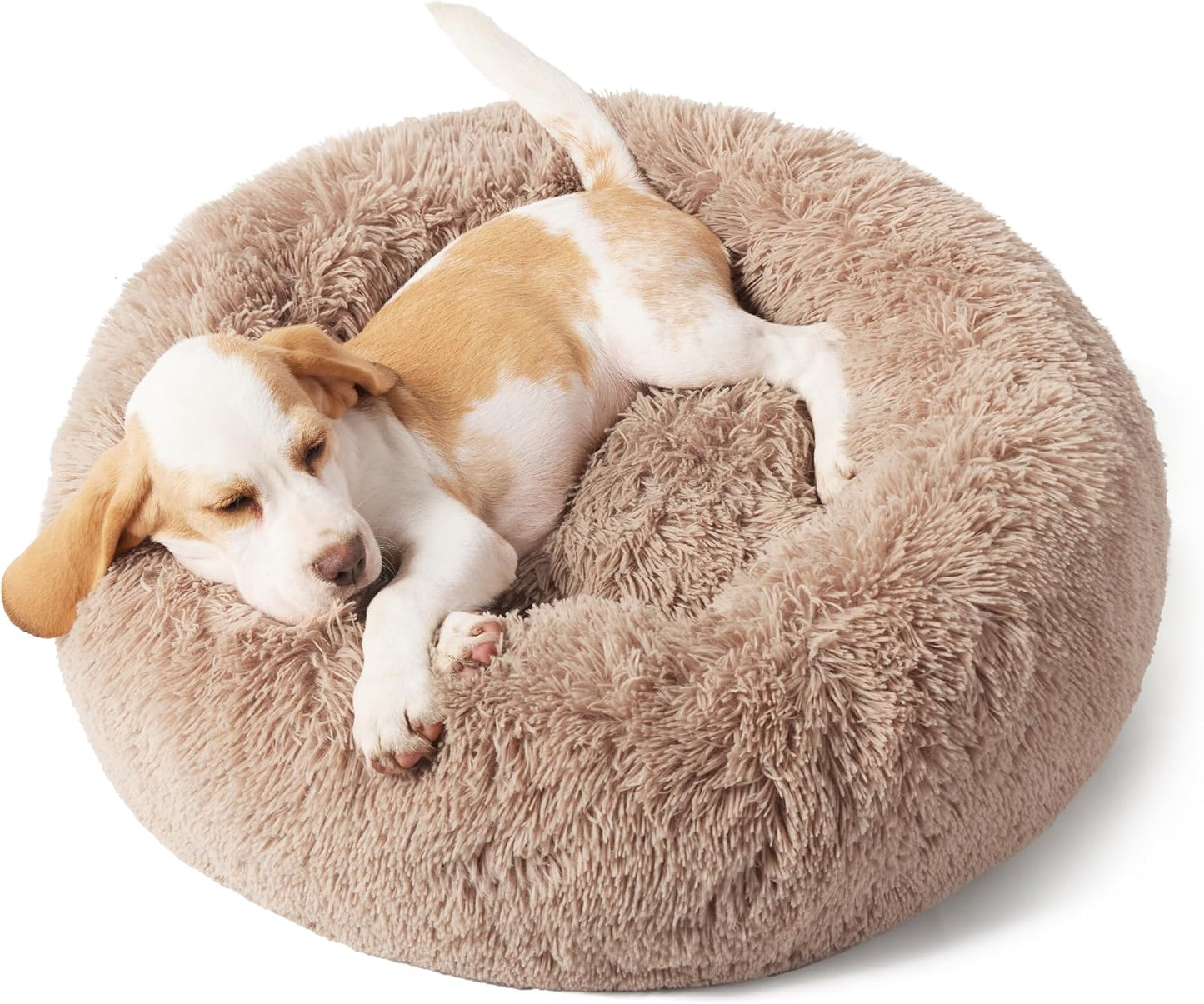 Bedsure Calming Donut Dog Bed for Medium Dogs - 30-Inch Washable Plush Faux Fur Cat Bed with Anti-Slip Round Design, Suitable for Pets Up to 45 lbs, Camel Color