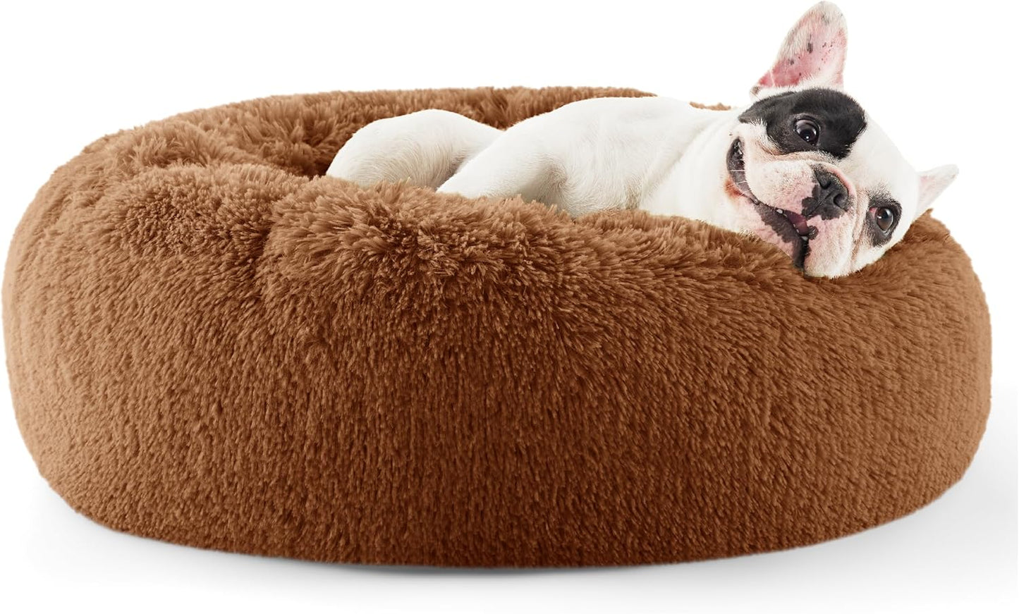 Bedsure Calming Donut Dog Bed for Medium Dogs - 30-Inch Washable Plush Faux Fur Cat Bed with Anti-Slip Round Design, Suitable for Pets Up to 45 lbs, Camel Color