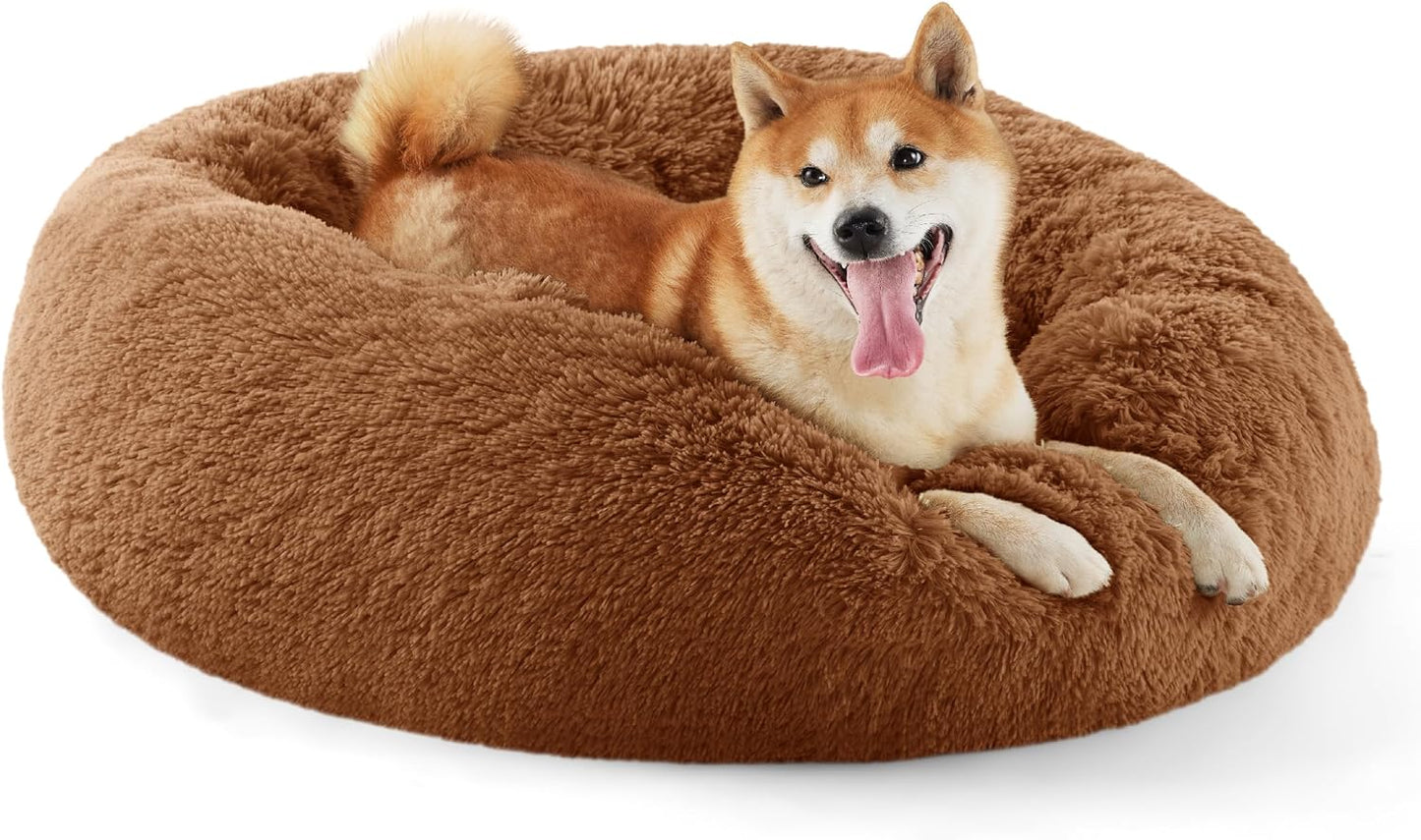 Bedsure Calming Donut Dog Bed for Medium Dogs - 30-Inch Washable Plush Faux Fur Cat Bed with Anti-Slip Round Design, Suitable for Pets Up to 45 lbs, Camel Color