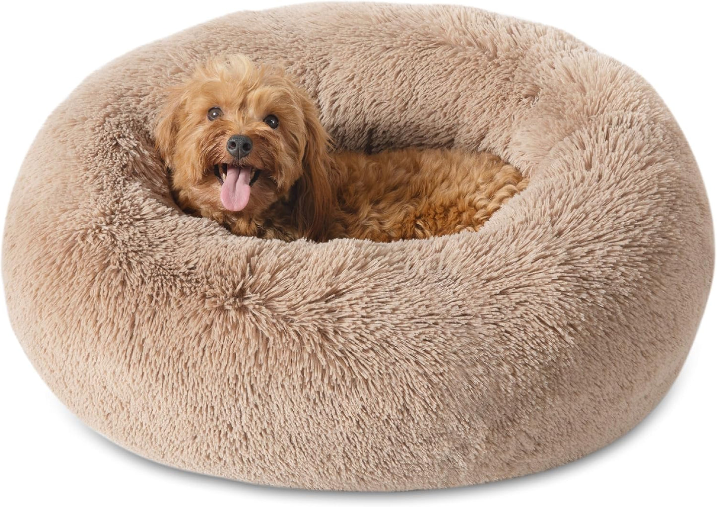 Bedsure Calming Donut Dog Bed for Medium Dogs - 30-Inch Washable Plush Faux Fur Cat Bed with Anti-Slip Round Design, Suitable for Pets Up to 45 lbs, Camel Color