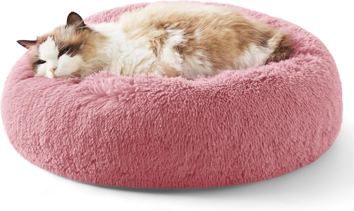 Bedsure Calming Donut Dog Bed for Medium Dogs - 30-Inch Washable Plush Faux Fur Cat Bed with Anti-Slip Round Design, Suitable for Pets Up to 45 lbs, Camel Color