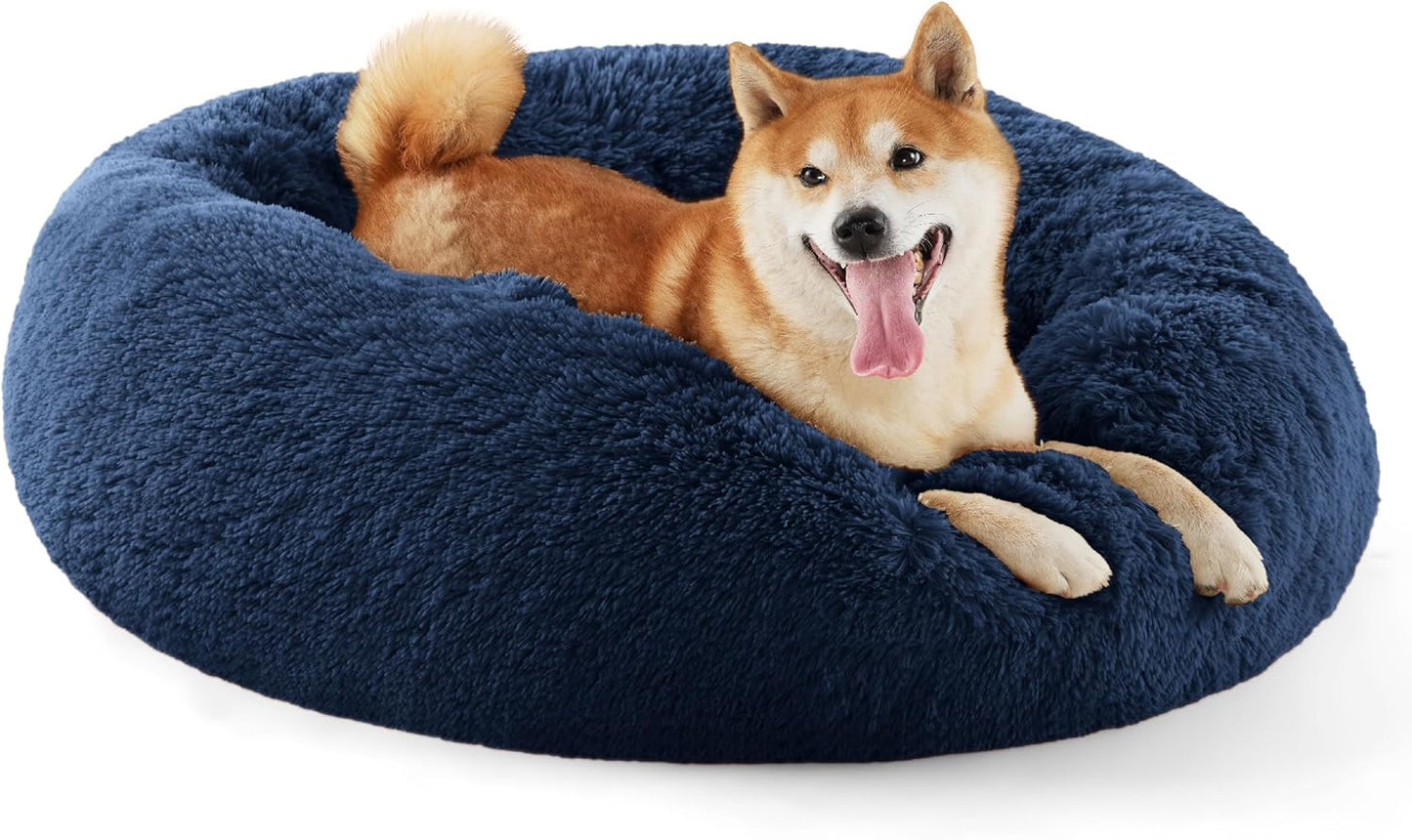 Bedsure Calming Donut Dog Bed for Medium Dogs - 30-Inch Washable Plush Faux Fur Cat Bed with Anti-Slip Round Design, Suitable for Pets Up to 45 lbs, Camel Color