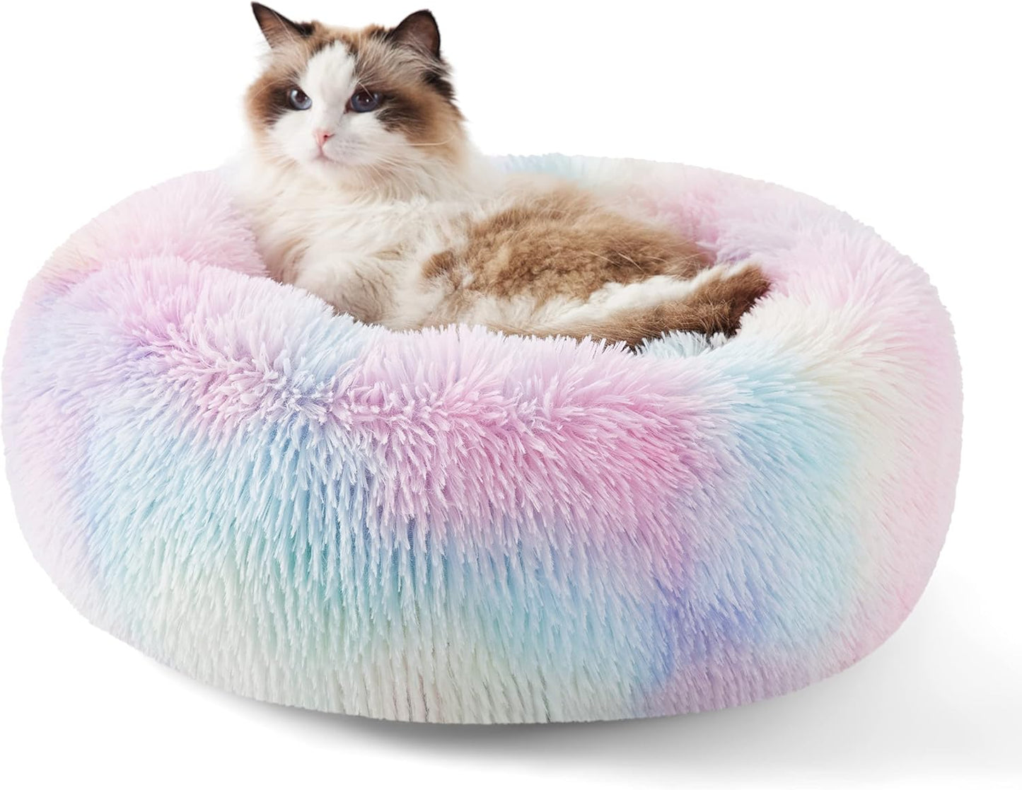 Bedsure Calming Donut Dog Bed for Medium Dogs - 30-Inch Washable Plush Faux Fur Cat Bed with Anti-Slip Round Design, Suitable for Pets Up to 45 lbs, Camel Color