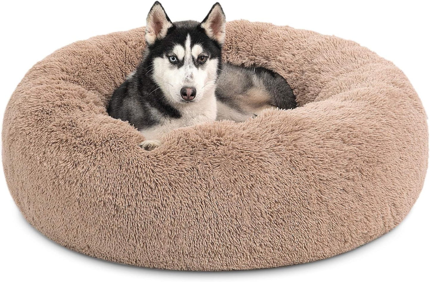 Bedsure Calming Donut Dog Bed for Medium Dogs - 30-Inch Washable Plush Faux Fur Cat Bed with Anti-Slip Round Design, Suitable for Pets Up to 45 lbs, Camel Color