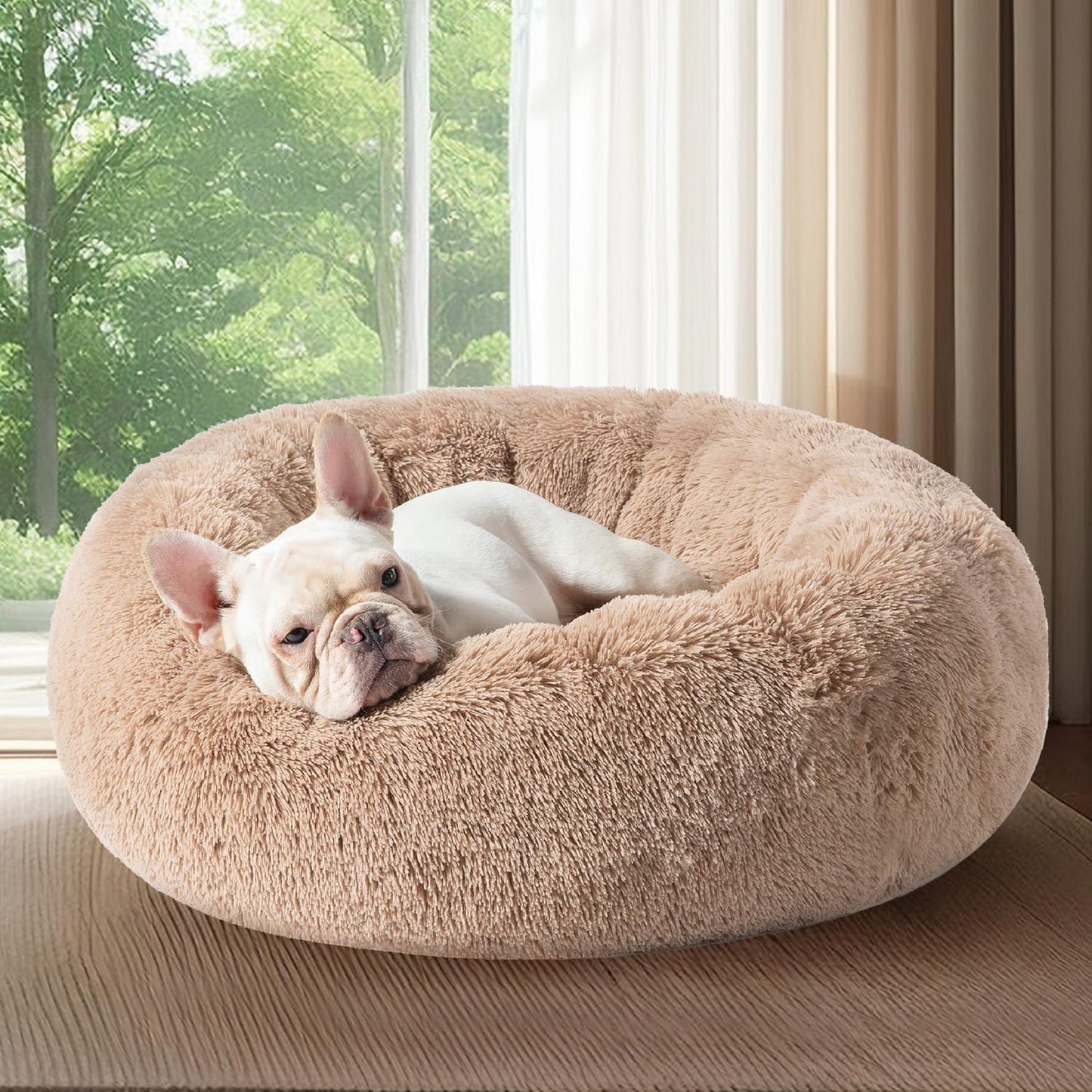 Bedsure Calming Donut Dog Bed for Medium Dogs - 30-Inch Washable Plush Faux Fur Cat Bed with Anti-Slip Round Design, Suitable for Pets Up to 45 lbs, Camel Color