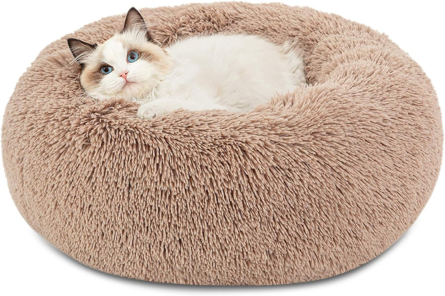 Bedsure Calming Donut Dog Bed for Medium Dogs - 30-Inch Washable Plush Faux Fur Cat Bed with Anti-Slip Round Design, Suitable for Pets Up to 45 lbs, Camel Color