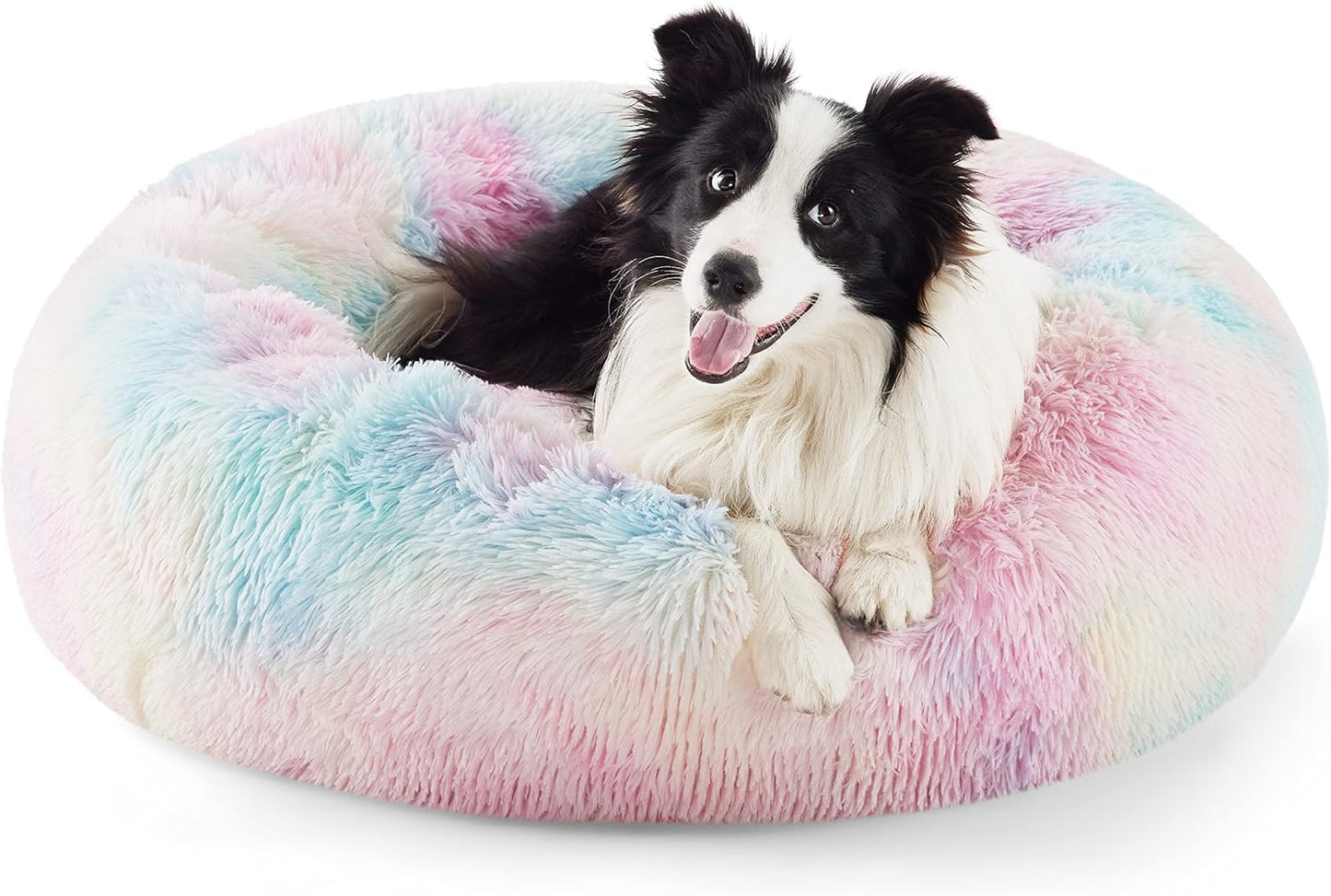 Bedsure Calming Donut Dog Bed for Medium Dogs - 30-Inch Washable Plush Faux Fur Cat Bed with Anti-Slip Round Design, Suitable for Pets Up to 45 lbs, Camel Color