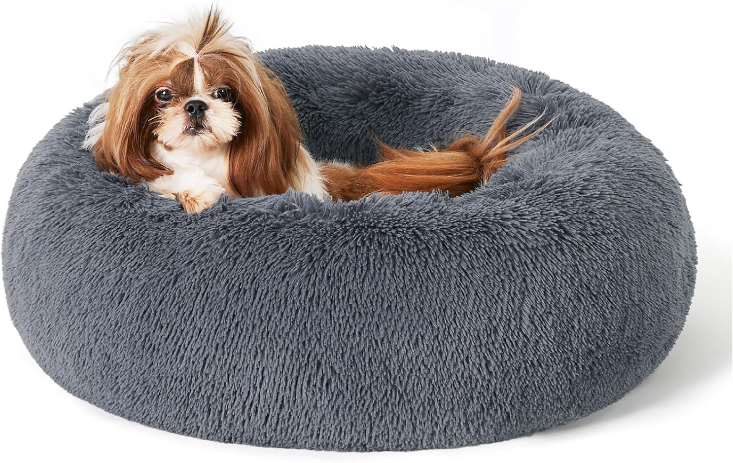 Bedsure Calming Donut Dog Bed for Medium Dogs - 30-Inch Washable Plush Faux Fur Cat Bed with Anti-Slip Round Design, Suitable for Pets Up to 45 lbs, Camel Color