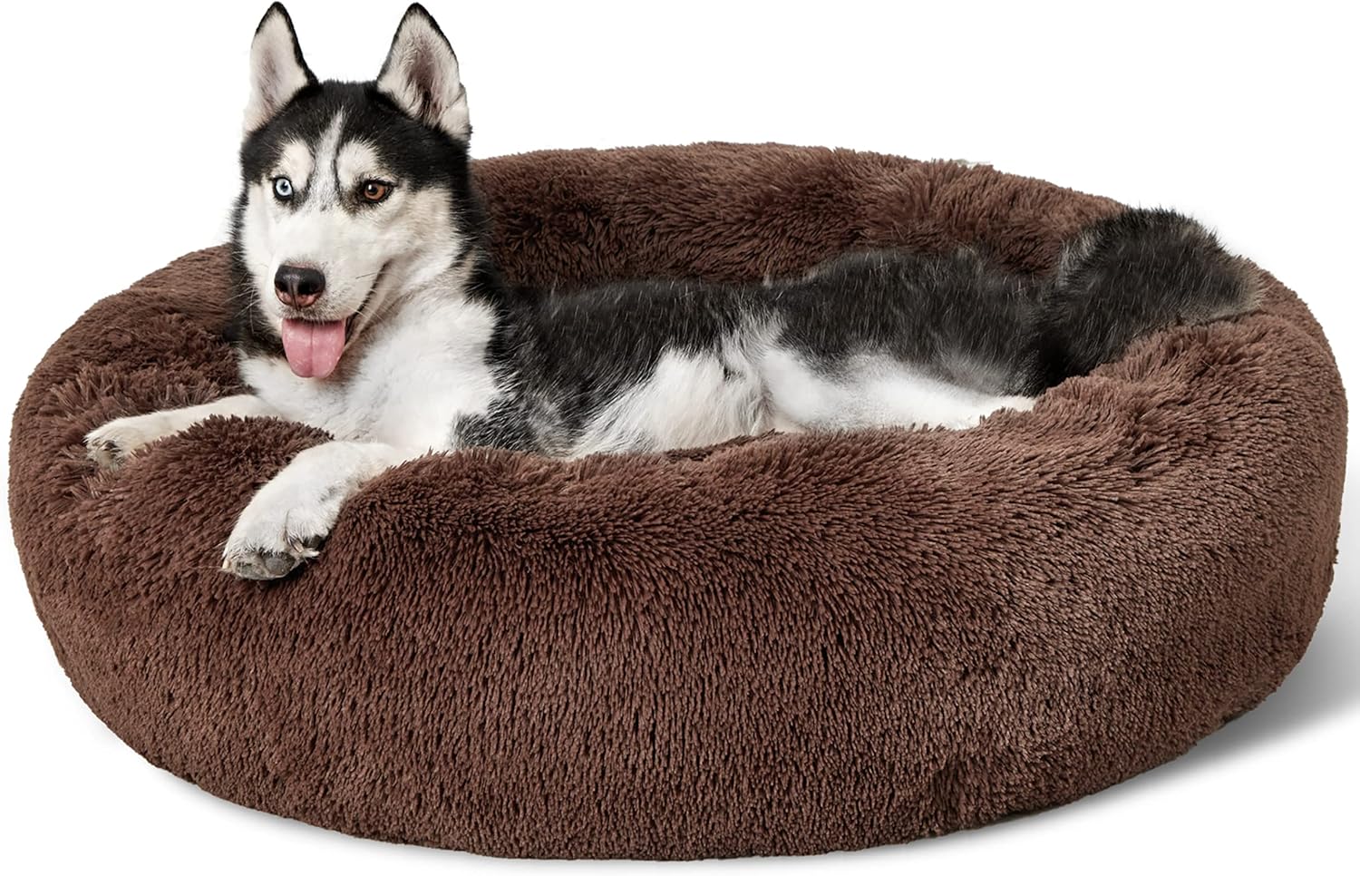 Bedsure Calming Donut Dog Bed for Medium Dogs - 30-Inch Washable Plush Faux Fur Cat Bed with Anti-Slip Round Design, Suitable for Pets Up to 45 lbs, Camel Color