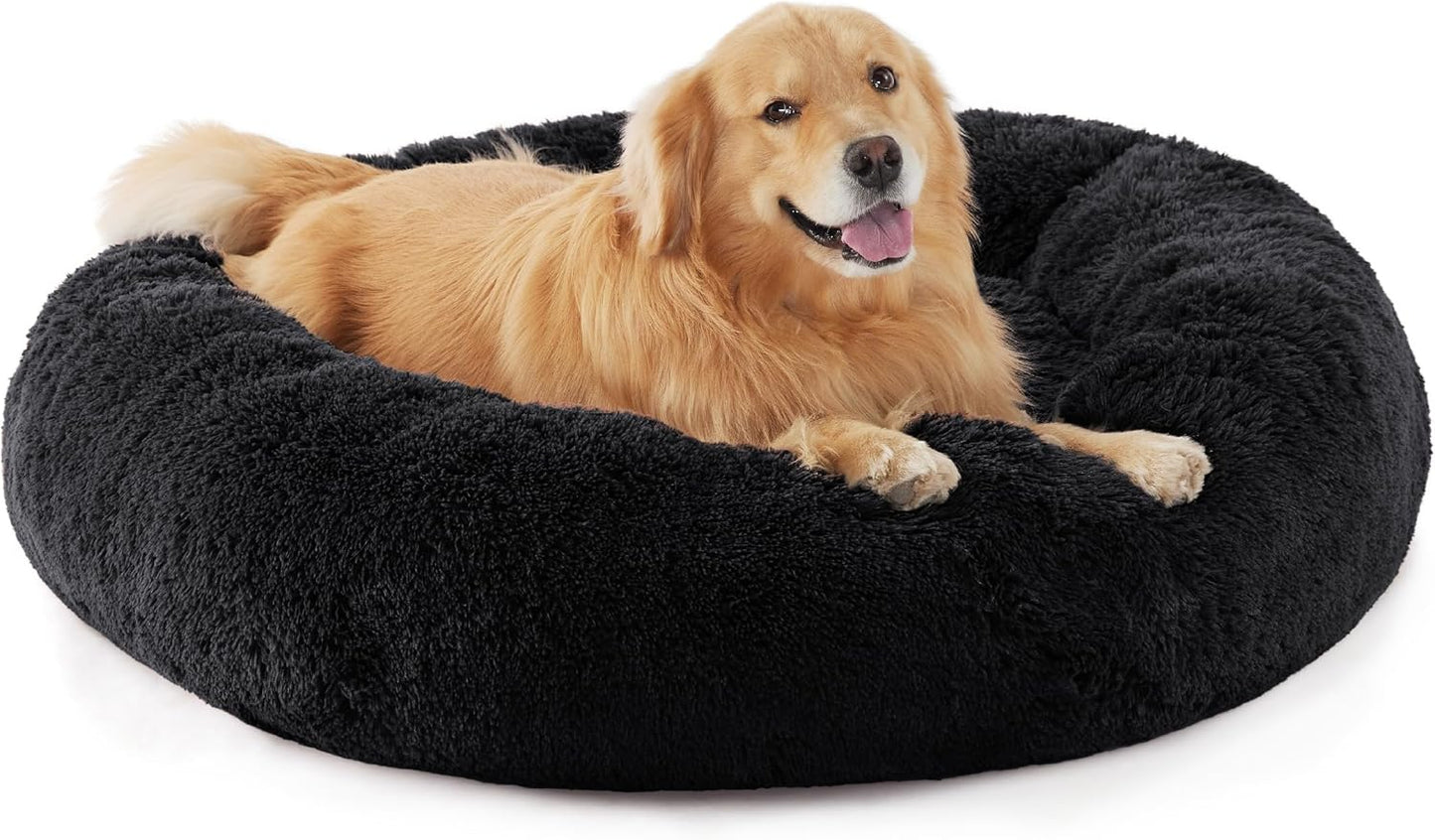 Bedsure Calming Donut Dog Bed for Medium Dogs - 30-Inch Washable Plush Faux Fur Cat Bed with Anti-Slip Round Design, Suitable for Pets Up to 45 lbs, Camel Color