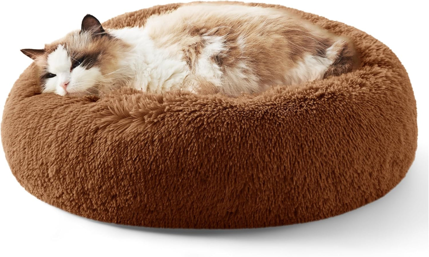 Bedsure Calming Donut Dog Bed for Medium Dogs - 30-Inch Washable Plush Faux Fur Cat Bed with Anti-Slip Round Design, Suitable for Pets Up to 45 lbs, Camel Color