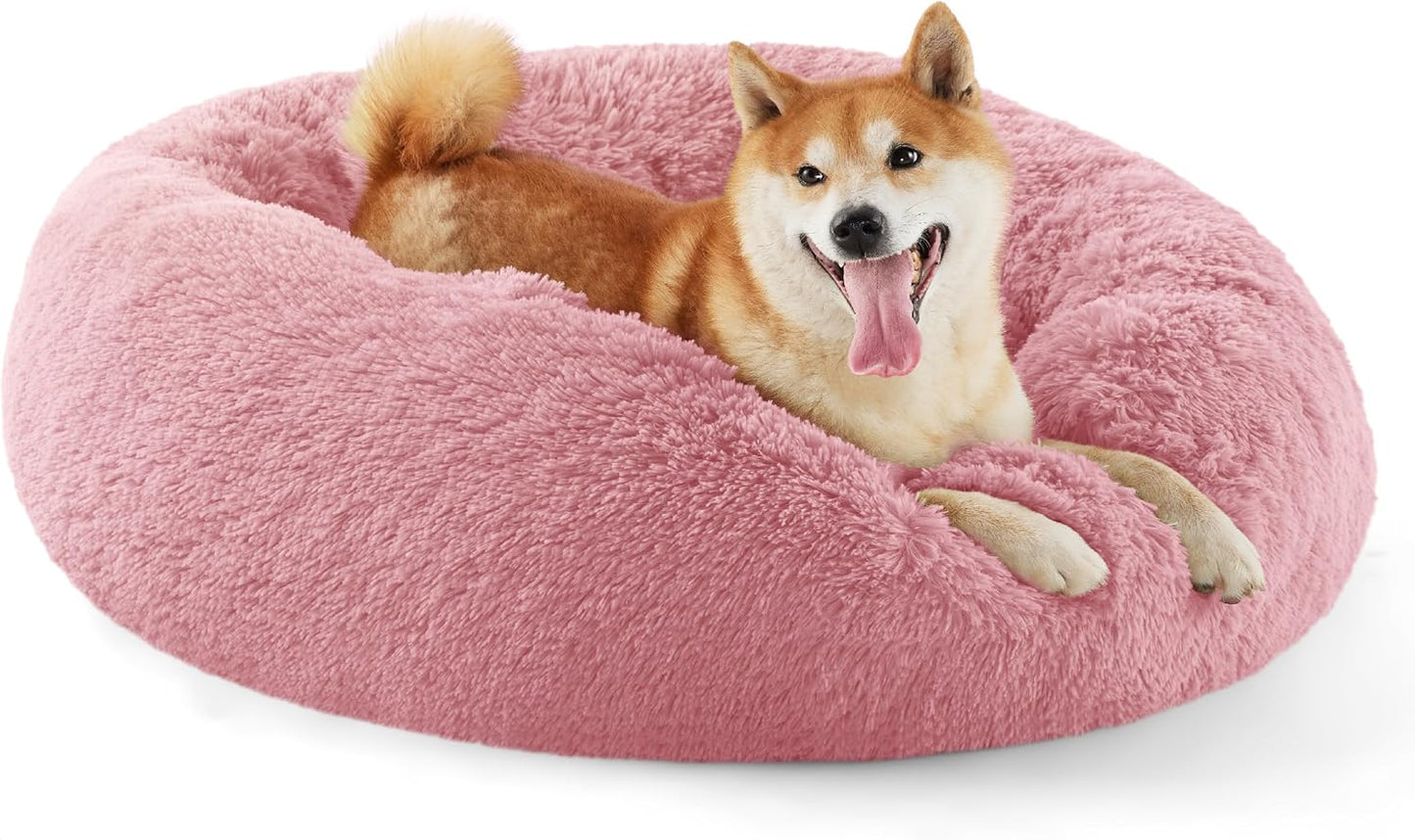 Bedsure Calming Donut Dog Bed for Medium Dogs - 30-Inch Washable Plush Faux Fur Cat Bed with Anti-Slip Round Design, Suitable for Pets Up to 45 lbs, Camel Color