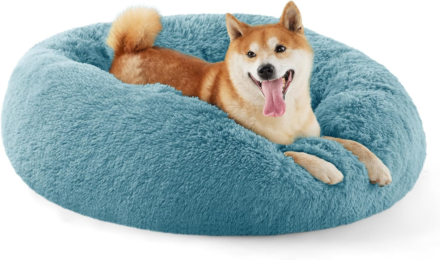 Bedsure Calming Donut Dog Bed for Medium Dogs - 30-Inch Washable Plush Faux Fur Cat Bed with Anti-Slip Round Design, Suitable for Pets Up to 45 lbs, Camel Color