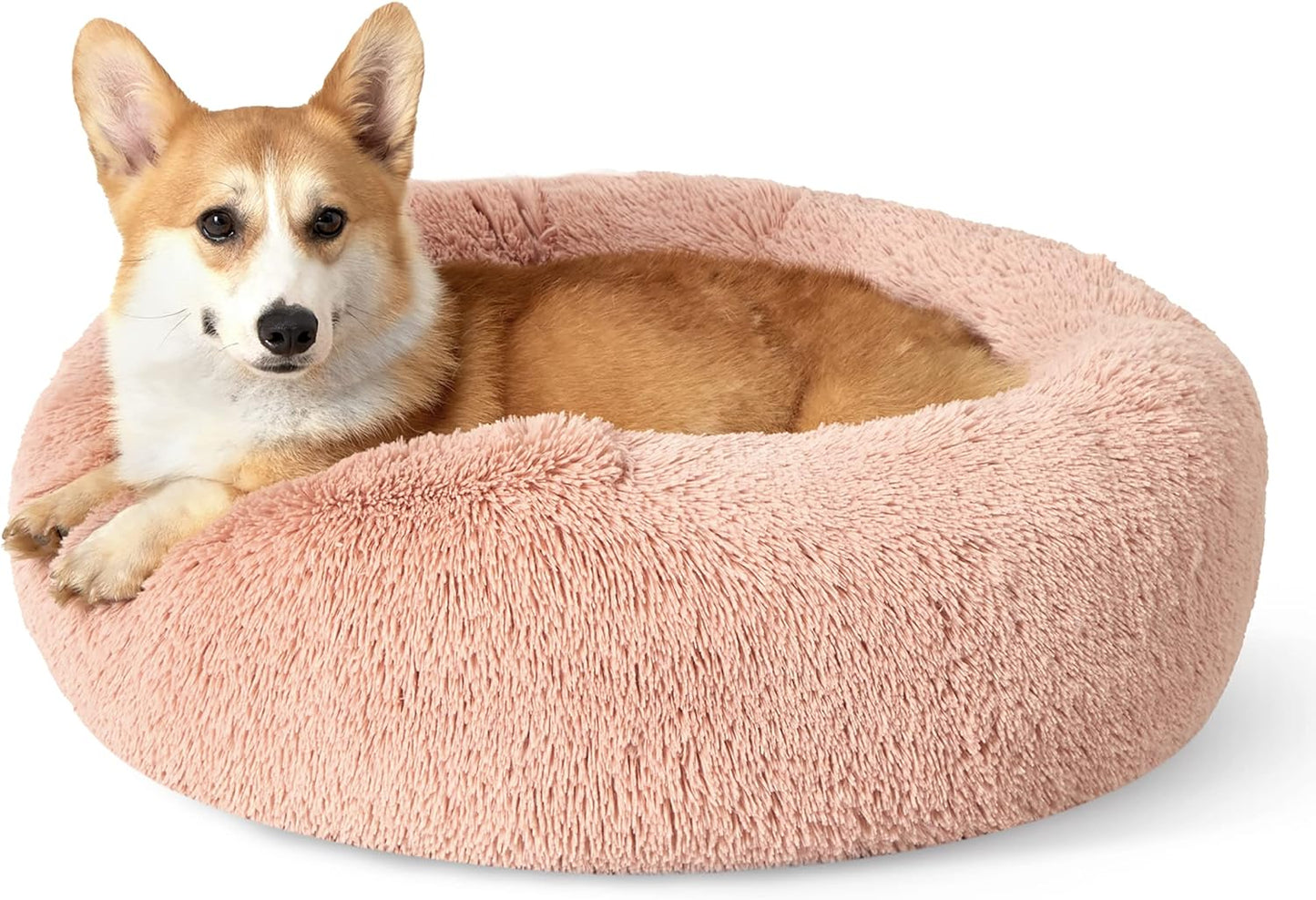 Bedsure Calming Donut Dog Bed for Medium Dogs - 30-Inch Washable Plush Faux Fur Cat Bed with Anti-Slip Round Design, Suitable for Pets Up to 45 lbs, Camel Color