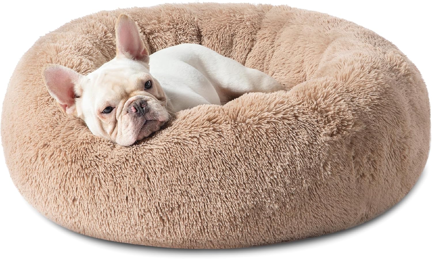 Bedsure Calming Donut Dog Bed for Medium Dogs - 30-Inch Washable Plush Faux Fur Cat Bed with Anti-Slip Round Design, Suitable for Pets Up to 45 lbs, Camel Color