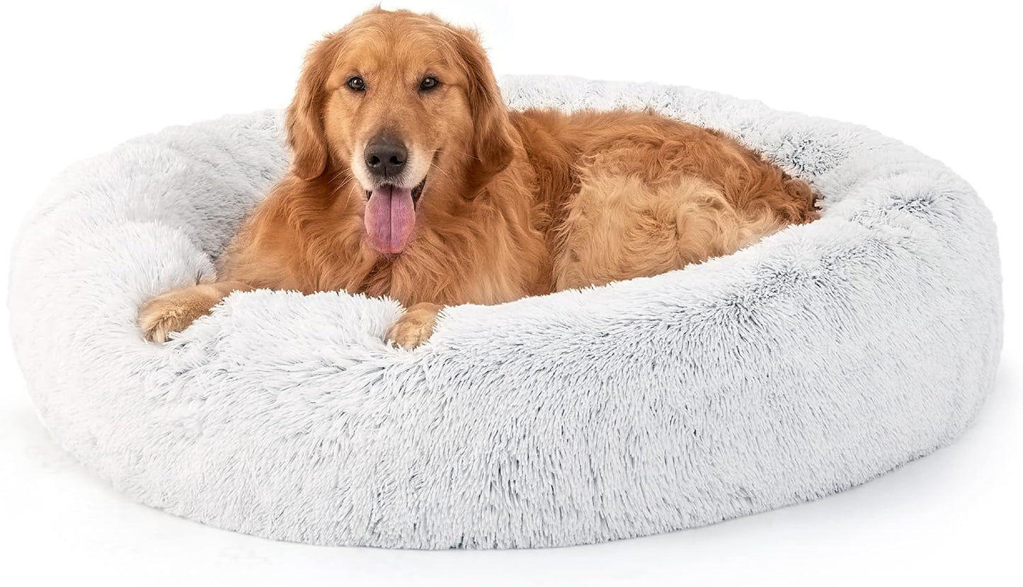 Bedsure Calming Donut Dog Bed for Medium Dogs - 30-Inch Washable Plush Faux Fur Cat Bed with Anti-Slip Round Design, Suitable for Pets Up to 45 lbs, Camel Color