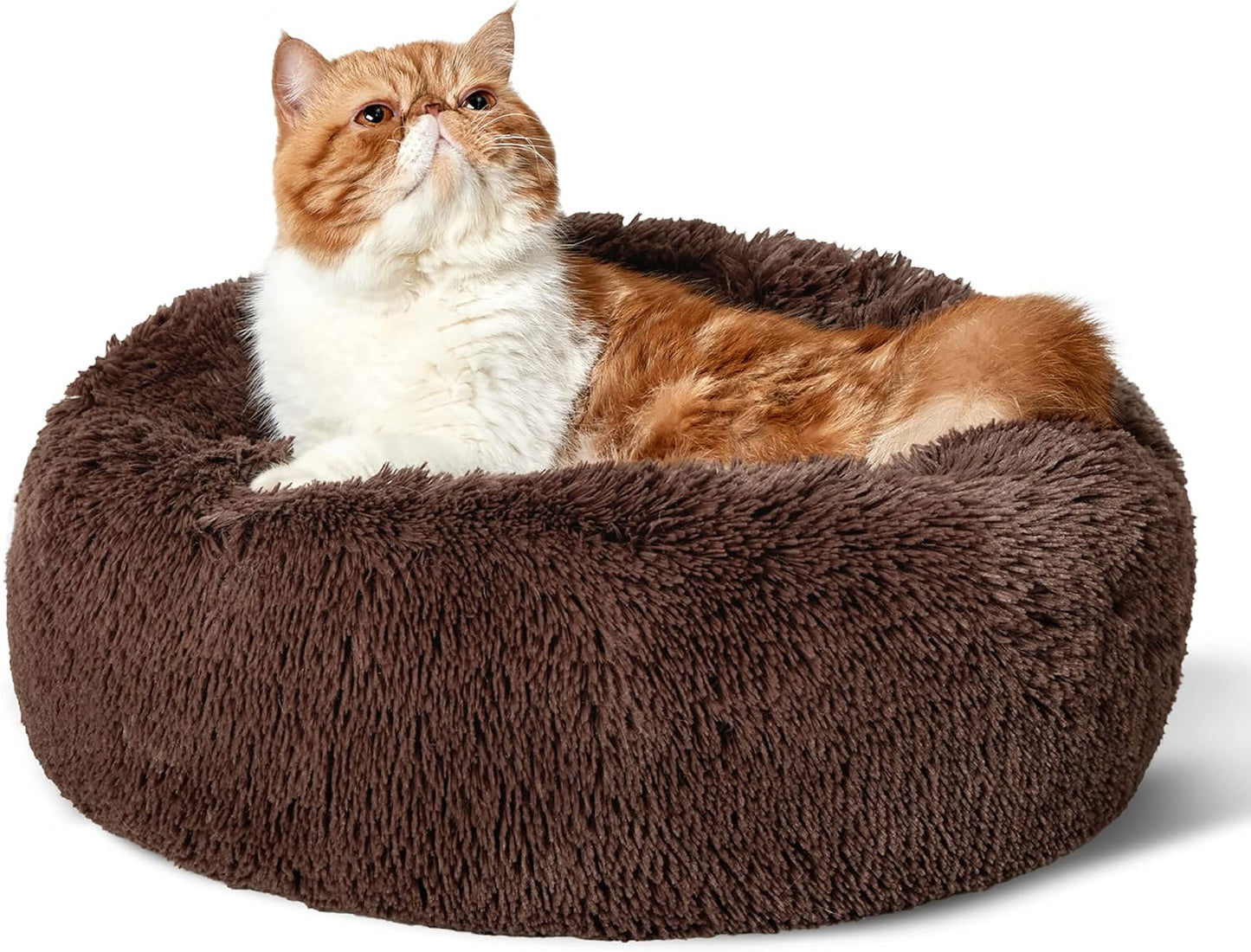 Bedsure Calming Donut Dog Bed for Medium Dogs - 30-Inch Washable Plush Faux Fur Cat Bed with Anti-Slip Round Design, Suitable for Pets Up to 45 lbs, Camel Color