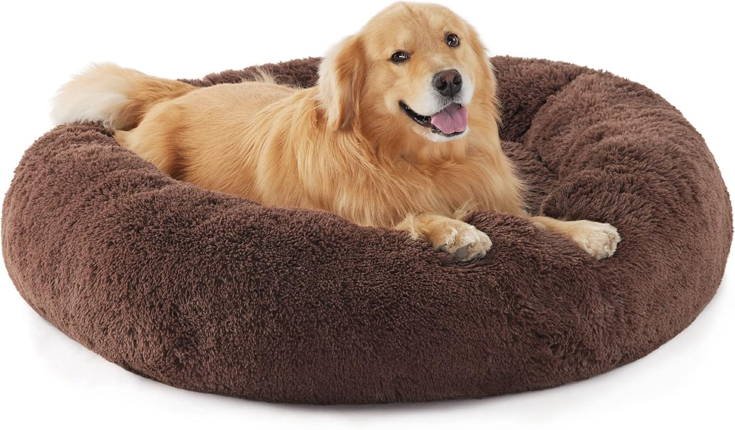 Bedsure Calming Donut Dog Bed for Medium Dogs - 30-Inch Washable Plush Faux Fur Cat Bed with Anti-Slip Round Design, Suitable for Pets Up to 45 lbs, Camel Color