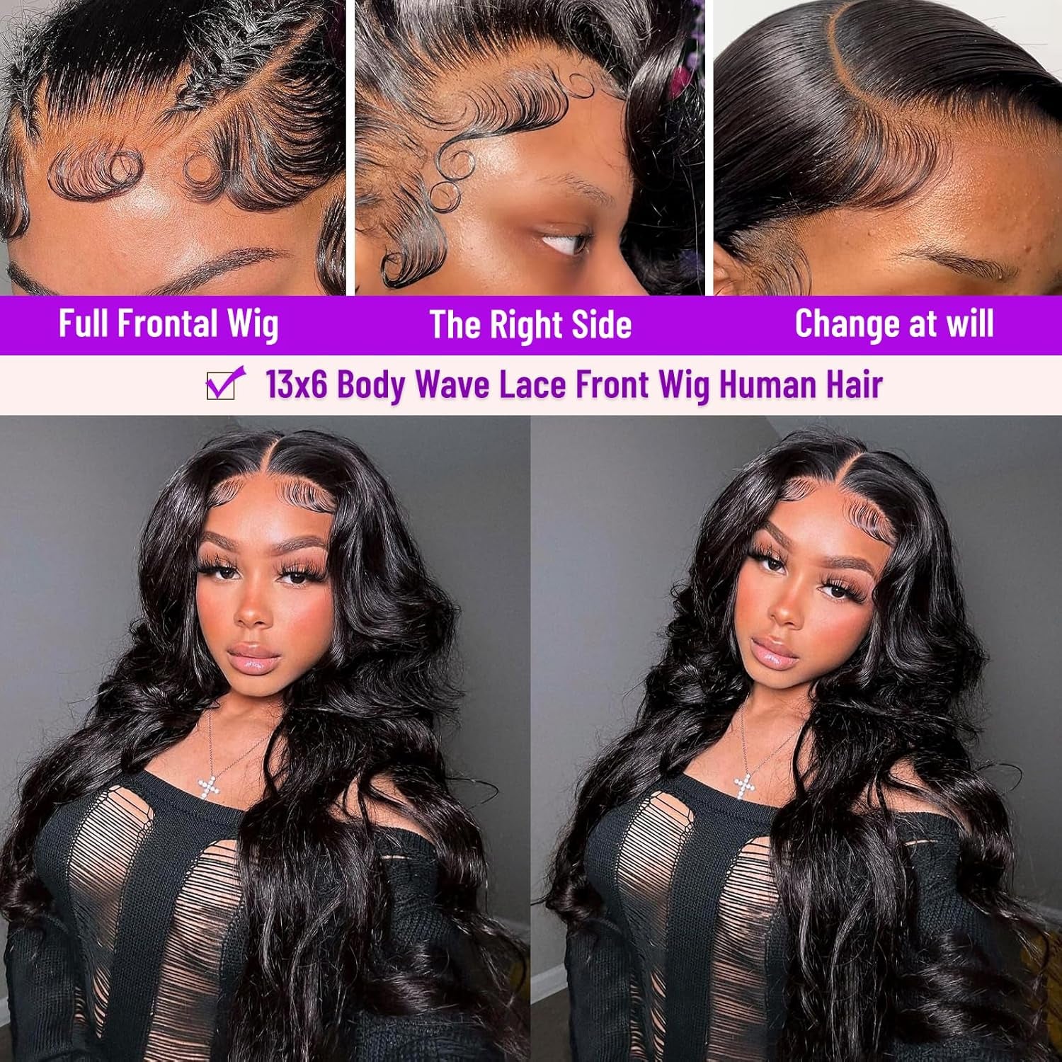 30-Inch 13X6 Body Wave Lace Front Wig - Pre-Plucked Brazilian Human Hair with Baby Hairs, 180% Density, Natural Black Color