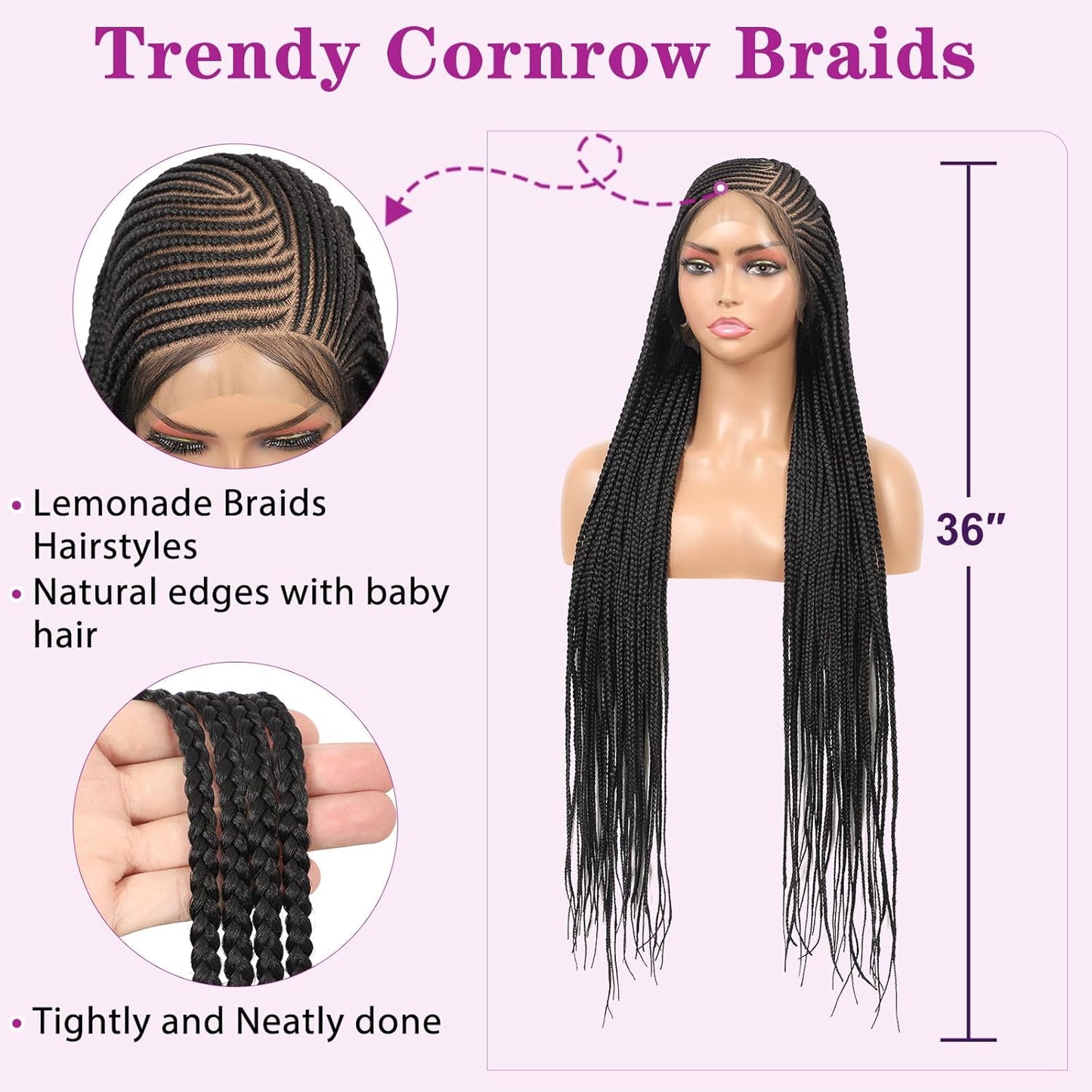 13X8 HD Lace Front Cornrow Braided Wig - Leomonde 36-Inch Long Black Box Braid Wig with Baby Hair for Women