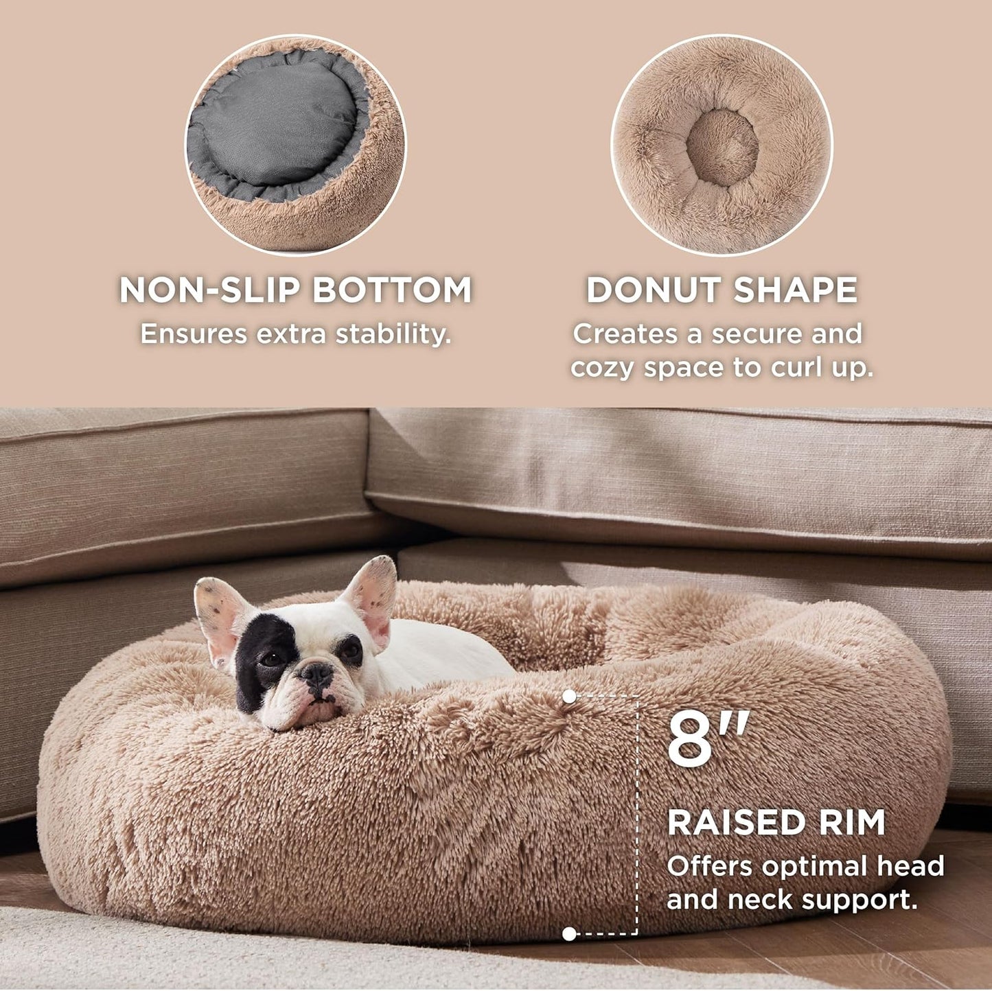 Bedsure Calming Donut Dog Bed for Medium Dogs - 30-Inch Washable Plush Faux Fur Cat Bed with Anti-Slip Round Design, Suitable for Pets Up to 45 lbs, Camel Color