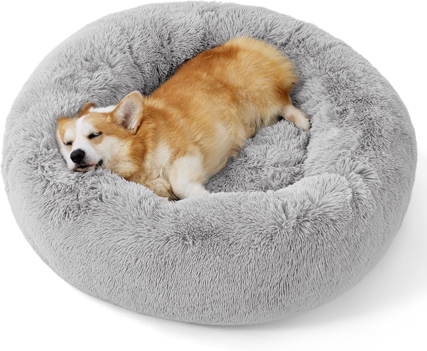 Bedsure Calming Donut Dog Bed for Medium Dogs - 30-Inch Washable Plush Faux Fur Cat Bed with Anti-Slip Round Design, Suitable for Pets Up to 45 lbs, Camel Color