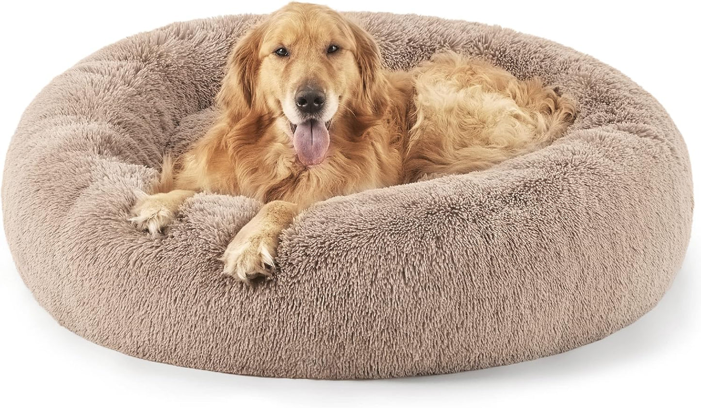 Bedsure Calming Donut Dog Bed for Medium Dogs - 30-Inch Washable Plush Faux Fur Cat Bed with Anti-Slip Round Design, Suitable for Pets Up to 45 lbs, Camel Color