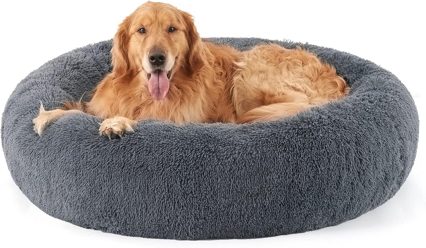 Bedsure Calming Donut Dog Bed for Medium Dogs - 30-Inch Washable Plush Faux Fur Cat Bed with Anti-Slip Round Design, Suitable for Pets Up to 45 lbs, Camel Color