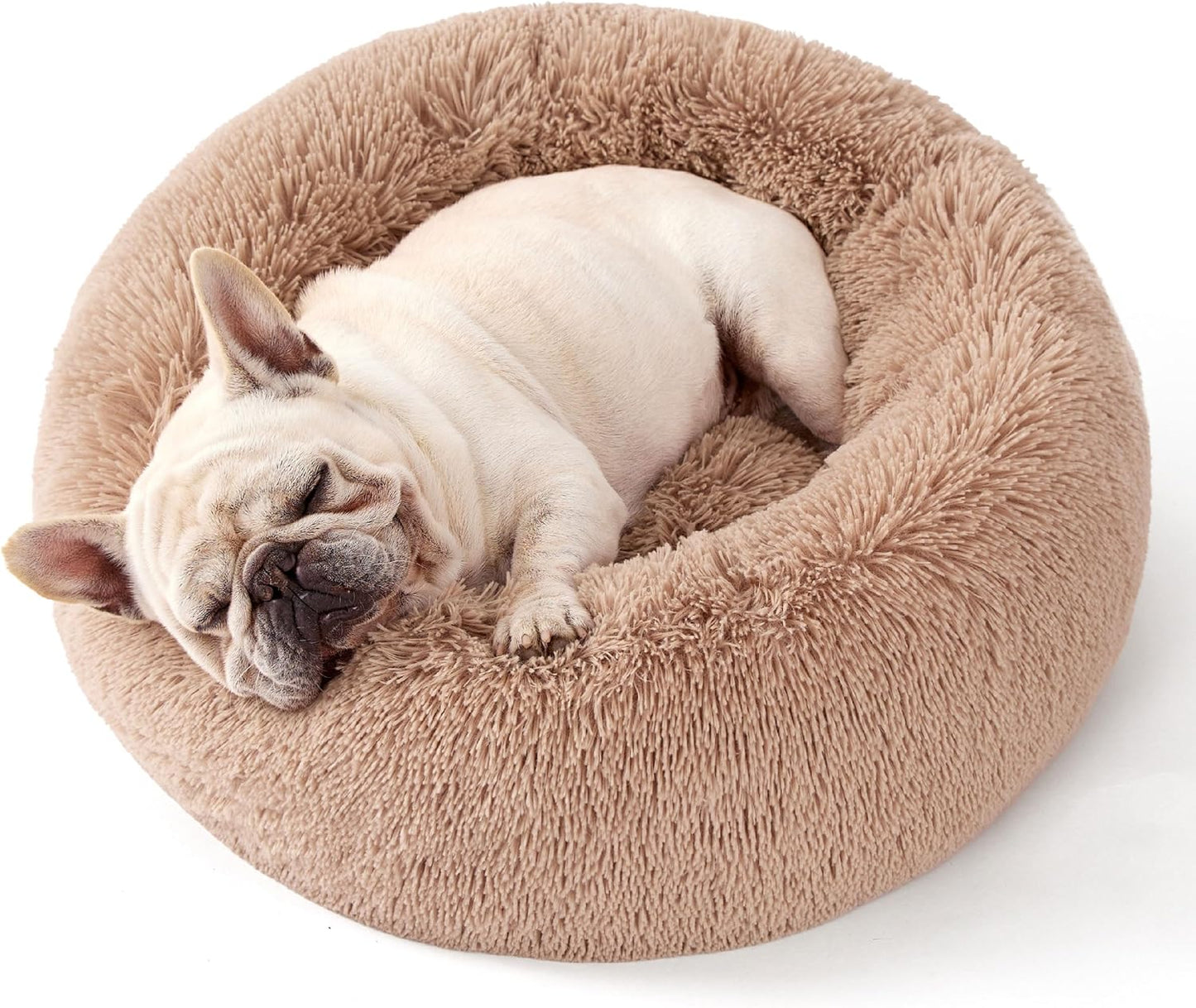 Bedsure Calming Donut Dog Bed for Medium Dogs - 30-Inch Washable Plush Faux Fur Cat Bed with Anti-Slip Round Design, Suitable for Pets Up to 45 lbs, Camel Color