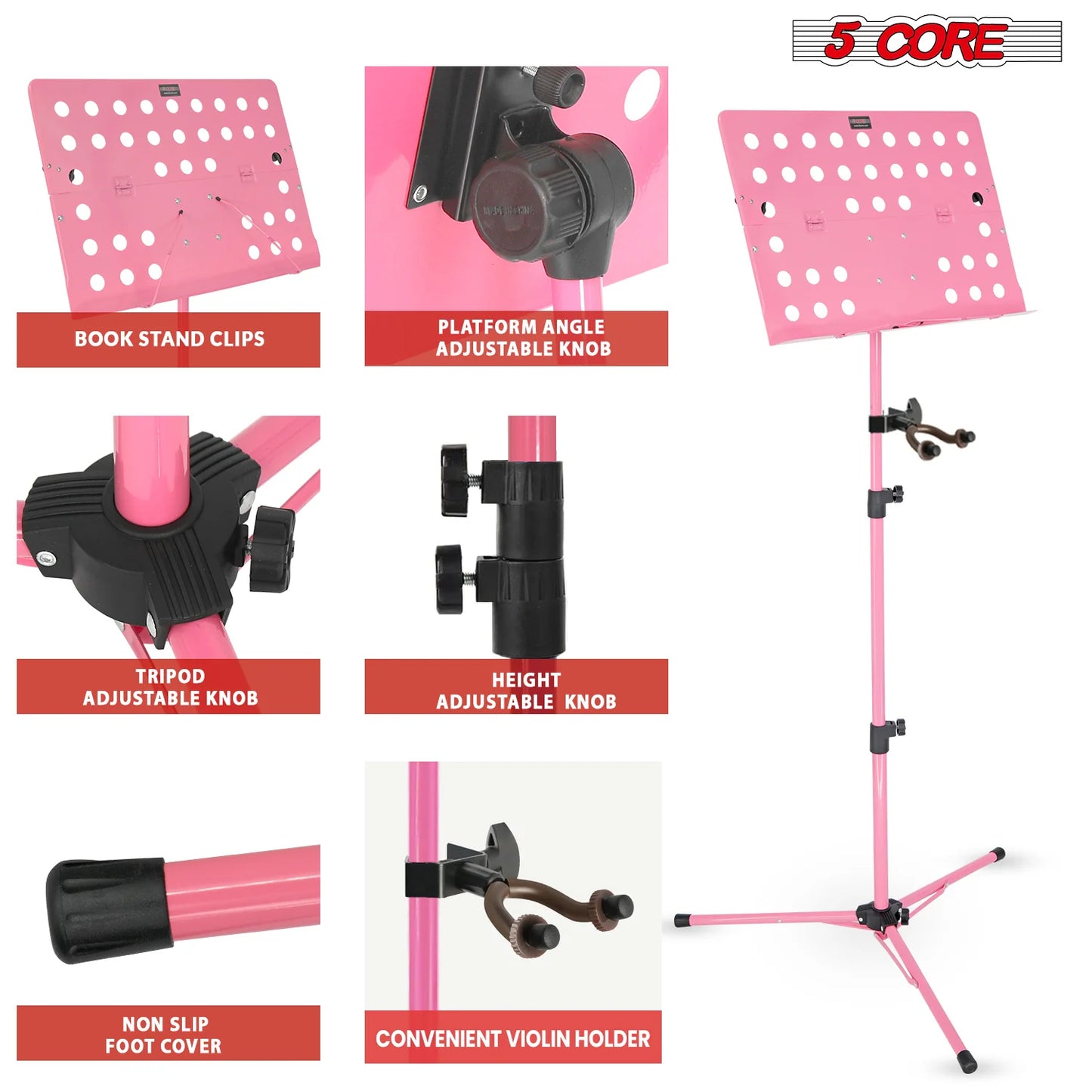 5Core Adjustable Portable Music Stand for Sheet Music - Pink Tripod Folding Note Holder