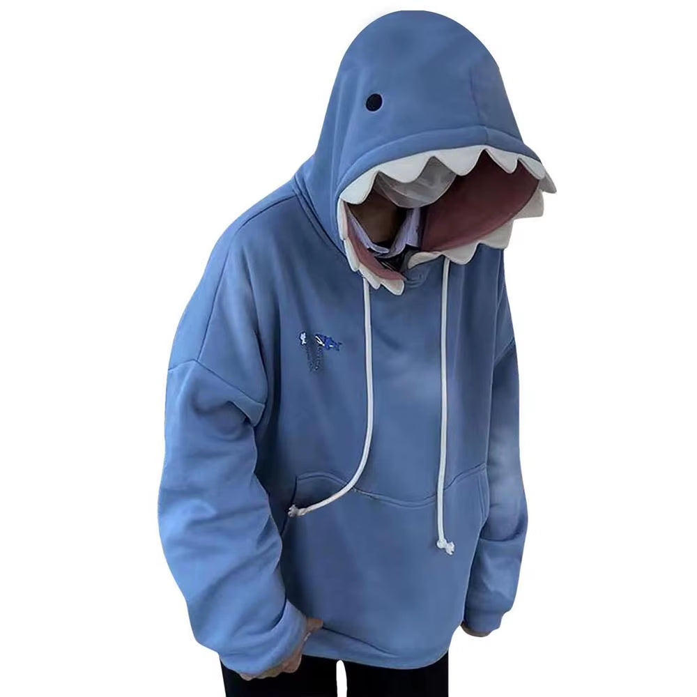 Women's Blue Shark Hooded Sweatshirt - Long Sleeve Pullover for Couples