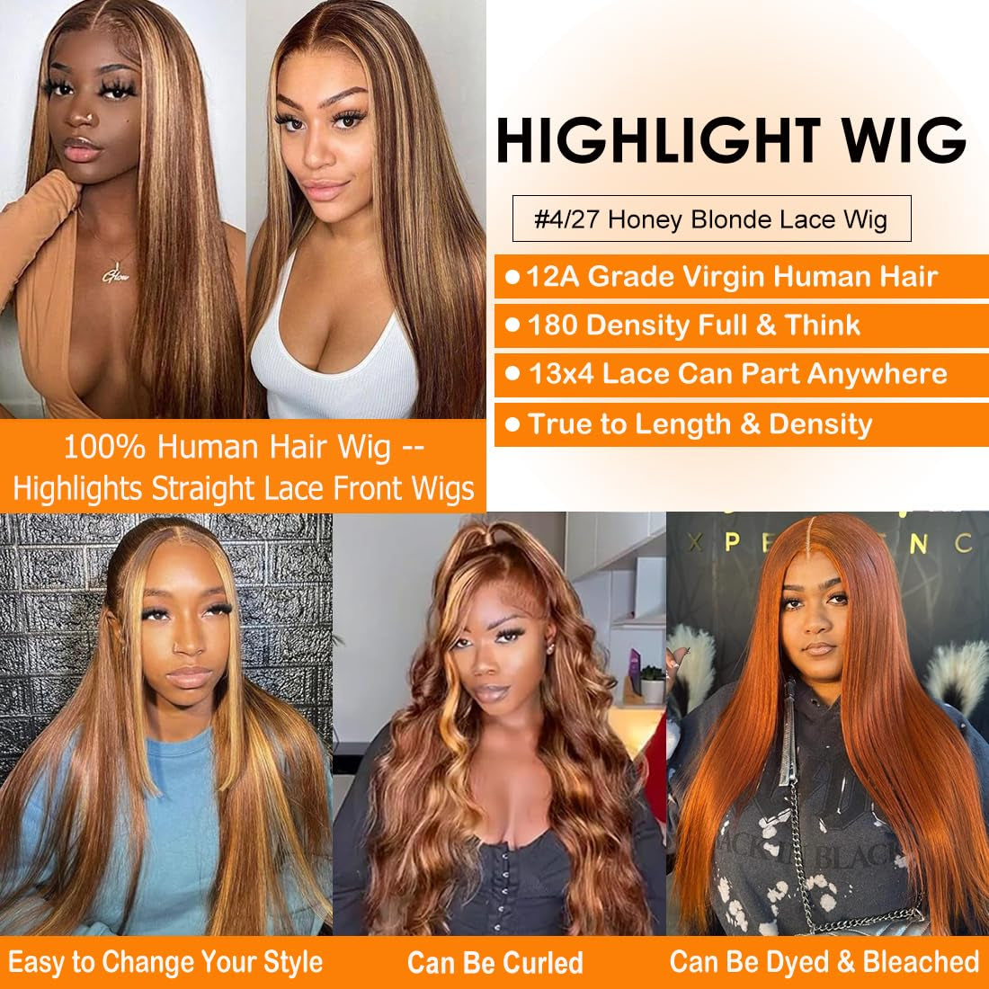 30-Inch Honey Blonde Ombre Lace Front Wig - 180% Density, 13x4 Highlight Lace Frontal, Pre-Plucked Human Hair, Straight HD Lace Wig with Baby Hair for Women