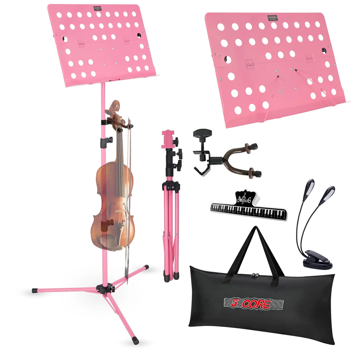 5Core Adjustable Portable Music Stand for Sheet Music - Pink Tripod Folding Note Holder