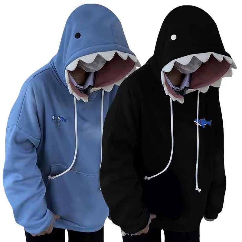 Women's Blue Shark Hooded Sweatshirt - Long Sleeve Pullover for Couples