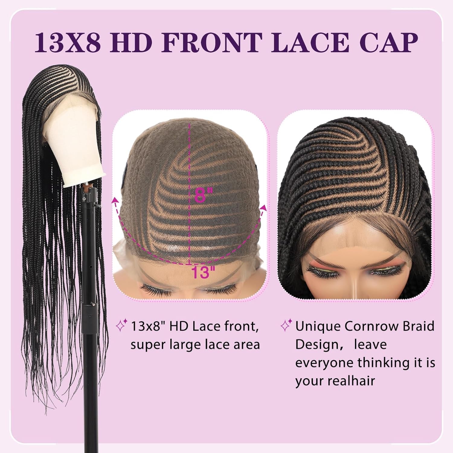 13X8 HD Lace Front Cornrow Braided Wig - Leomonde 36-Inch Long Black Box Braid Wig with Baby Hair for Women