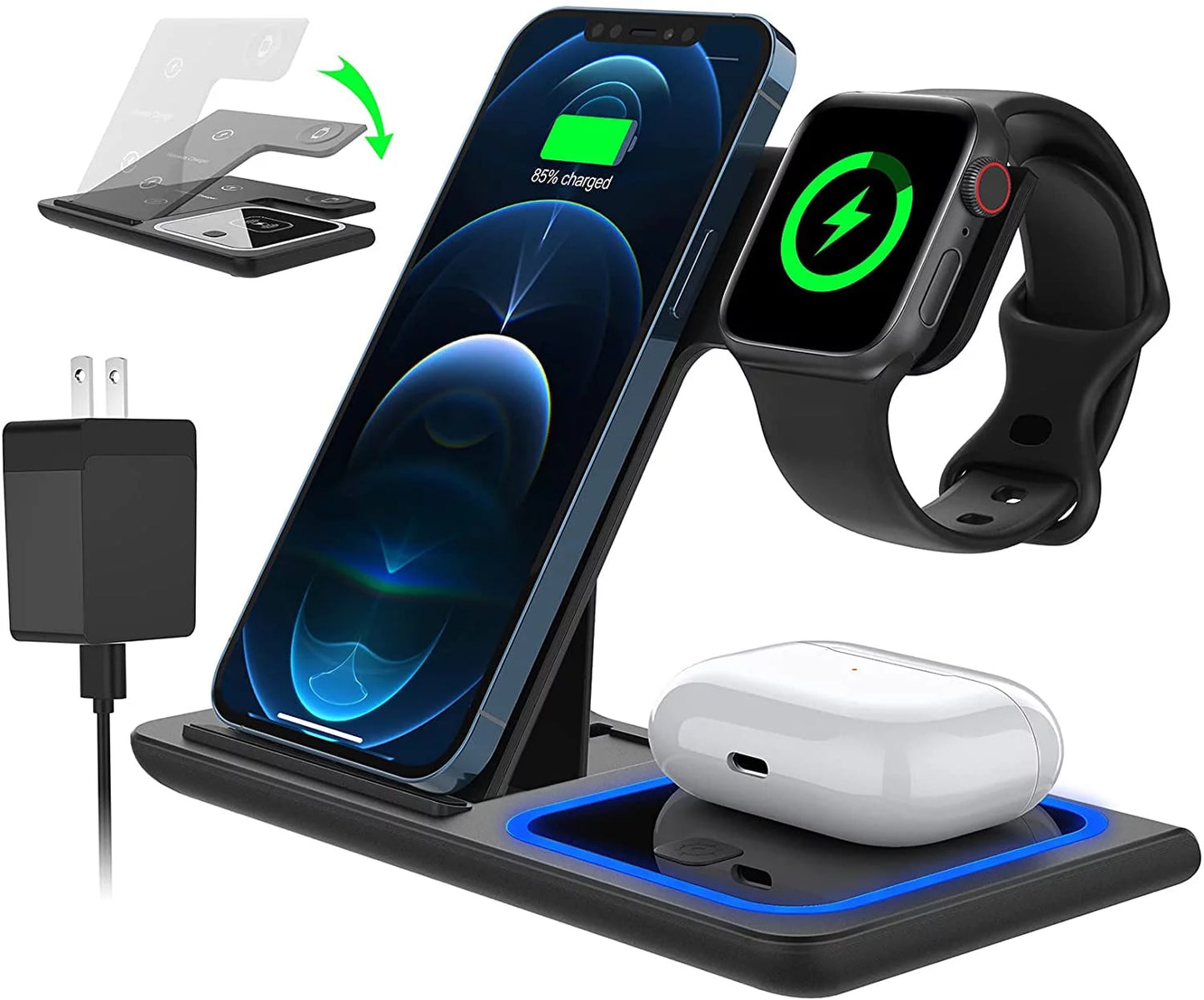 18W Fast Wireless Charging Station for iPhone 16/15/14/13/12/11/Pro Max/Plus, 3-in-1 Charger for Apple Watch Series SE 10/9/8/7/6/5/4/3 and AirPods Pro/3/2 (Includes QC3.0 Adapter)