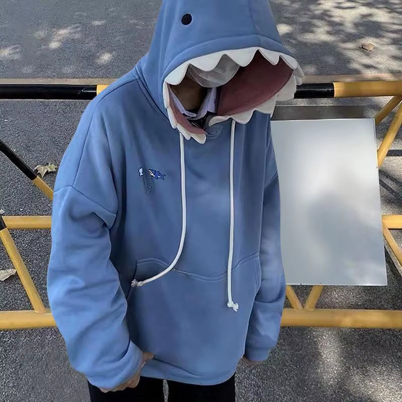 Women's Blue Shark Hooded Sweatshirt - Long Sleeve Pullover for Couples