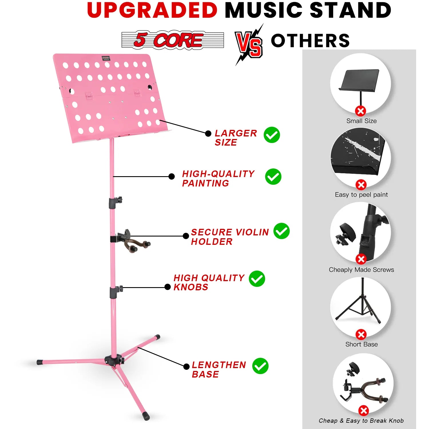 5Core Adjustable Portable Music Stand for Sheet Music - Pink Tripod Folding Note Holder