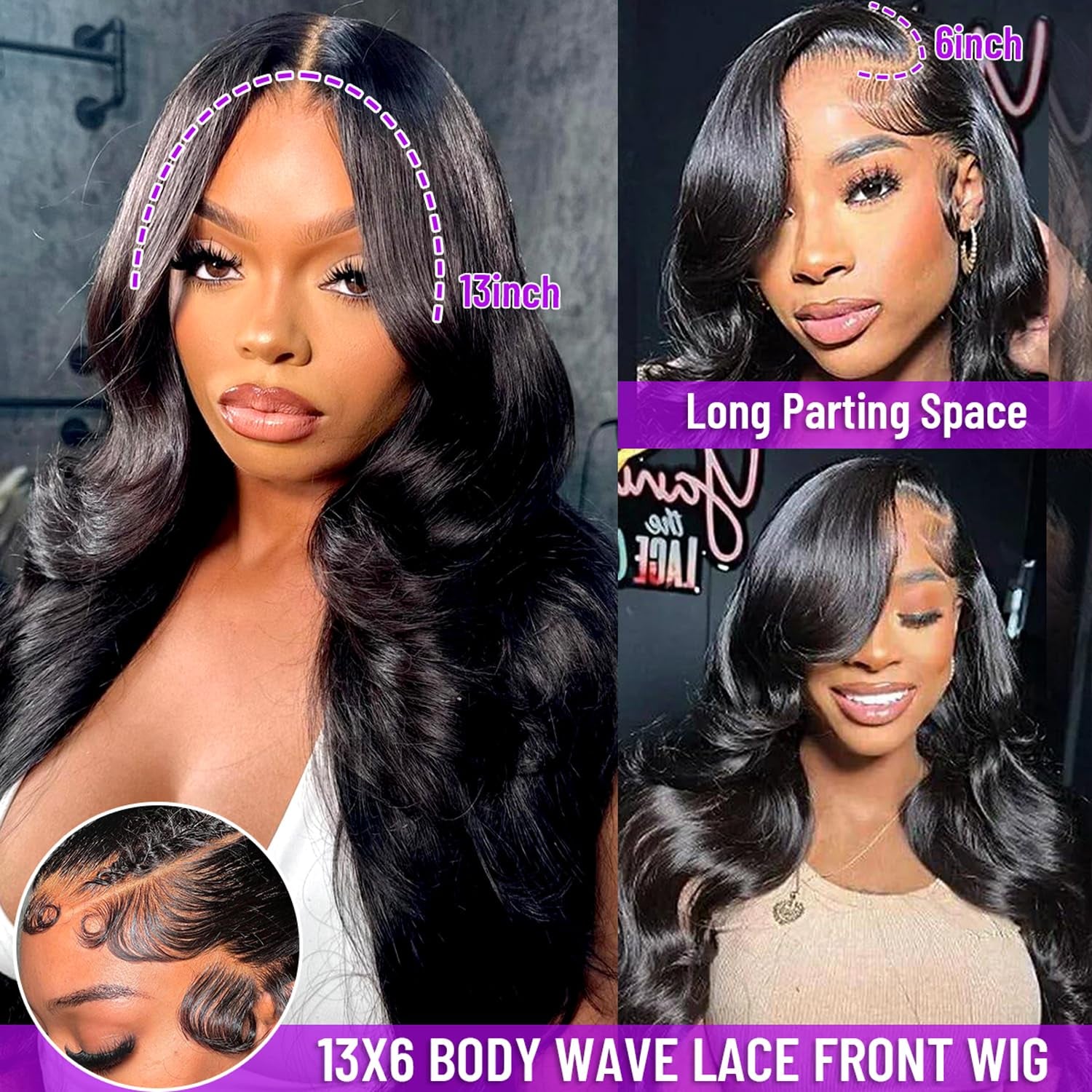 30-Inch 13X6 Body Wave Lace Front Wig - Pre-Plucked Brazilian Human Hair with Baby Hairs, 180% Density, Natural Black Color